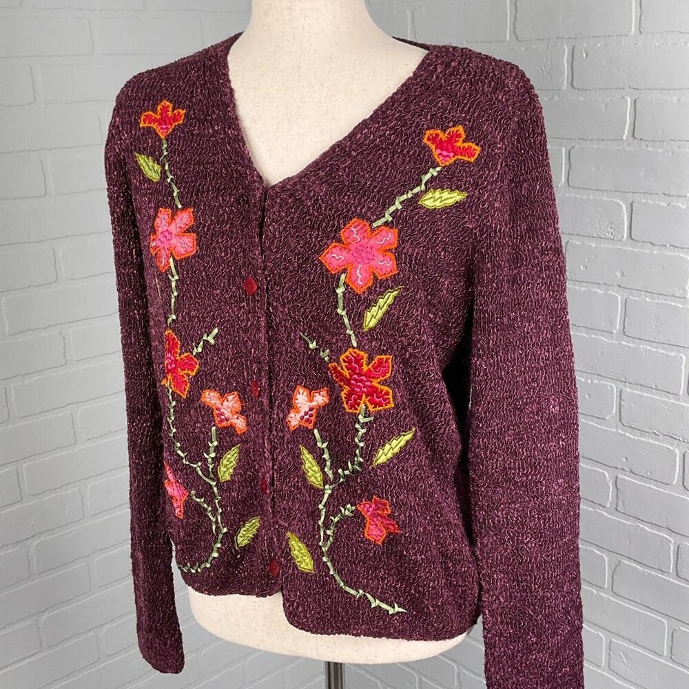 Crazy Horse Cardigan Womens Small Purple Floral‎ Texture Quilt Nylon Sweater VTG